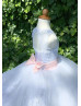 Beaded White Lace Tulle Keyhole Back Romantic Flower Girl Dress
